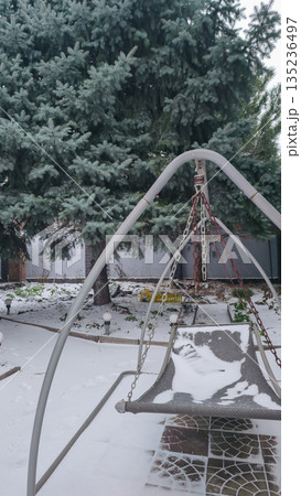 A large spruce tree grows in the yard View of a snow-covered area Winter weather 135236497