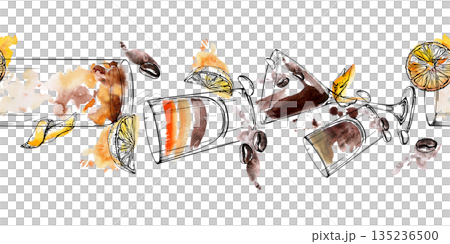 Espresso martini, coffee shot, iced tea Long Island cocktail, beans and citrus garnish. Watercolor and ink seamless banner in caramel hues, Hand drawn chic for beverage menu design or bar branding. Espresso martini, coffee shot, iced tea Long Island cocktail, beans and citrus garnish. Watercolor and ink seamless banner in caramel hues, Hand drawn chic for beverage menu design or bar branding. 135236500
