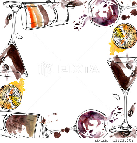 Warm watercolor frame border. Espresso martini cocktail, dark beer and B-52 shots, wine balloon ink glass with watercolor swirl. Orange twists, rich liqueur tones hand drawn for elegant menu branding. 135236508