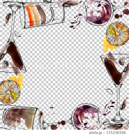 Warm watercolor frame border. Espresso martini cocktail, dark beer and B-52 shots, wine balloon ink glass with watercolor swirl. Orange twists, rich liqueur tones hand drawn for elegant menu branding. 135236508
