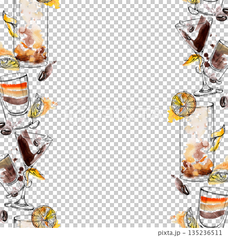 B-52 shot, Long Island iced tea, Mai Tai, dark stout beer, orange citrus garnish. Seamless double edge of coffee cocktails, watercolor splashes, ink contours. Hand drawn for web headers or wrapping. B-52 shot, Long Island iced tea, Mai Tai, dark stout beer, orange citrus garnish. Seamless double edge of coffee cocktails, watercolor splashes, ink contours. Hand drawn for web headers or wrapping. 135236511