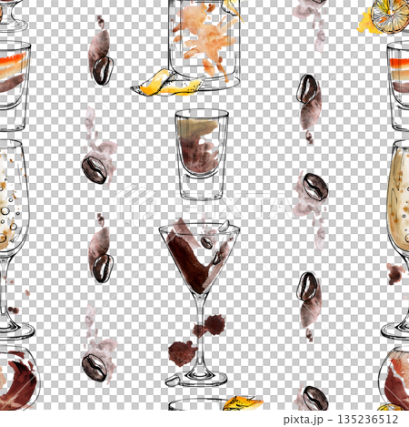 Dark chocolate spirits, orange zest, champagne flute, espresso martini, whisky rum brandy tumbler, coffee beans. Seamless watercolor and ink pattern hand drawn for premium bar and restaurant branding Dark chocolate spirits, orange zest, champagne flute, espresso martini, whisky rum brandy tumbler, coffee beans. Seamless watercolor and ink pattern hand drawn for premium bar and restaurant branding 135236512