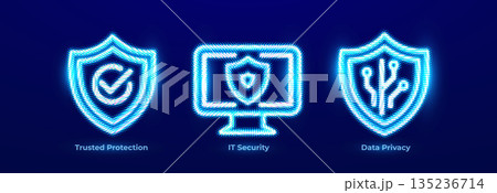 Trusted Protection Verified Security Secure Shield Icons. IT Security Endpoint System Protection Neon Logo. Data Privacy, Personal Protection Icon Set Business Digital Transform. Vector Illustration 135236714
