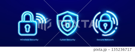 Wireless Security, Secure Connection, Network Security Icons Set. Cyber Security Data Protection Information Neon Logo Collection. Cyber Protection Business Digital Transformation.Vector Illustration. 135236717