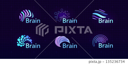 Brain Logo Icon Smart Digital Transformation Symbol AI Artificial Intelligence Computer Neural Science Research Technology. Abstract Creative Future Brains Set Logos Purple Color. Vector Illustration 135236734