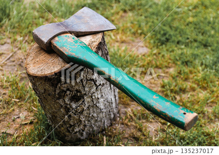 An old axe with a green painted handle rests on top of a weathered tree stump outdoors. The scene is set on a patch of grass and soil, suggesting manual labor or woodcutting in a rural or backyard 135237017