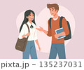 Illustration Happy Male and Female Students Talking with Heart Background 135237031