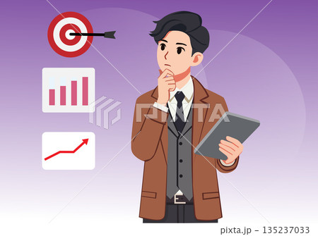 Illustration Young Businessman Thinking and Holding Digital Tablet Illustration Young Businessman Thinking and Holding Digital Tablet 135237033
