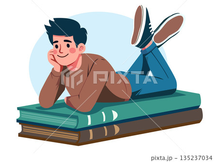 Illustration of a Happy Young Man Lying Down and Daydreaming Illustration of a Happy Young Man Lying Down and Daydreaming 135237034