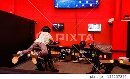 Libin, Belgium - March 12 2023: Virtual Reality Play at Eurospace Center Libin Belgium Libin, Belgium - March 12 2023: Virtual Reality Play at Eurospace Center Libin Belgium 135237255