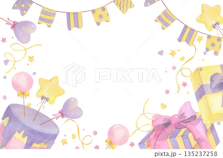Restangular gorisontal frame of birthday cake, garland of flags, serpentines, gifts, confetti and lollipops. For packing paper, greeting cards, decoration and illustration. 135237258