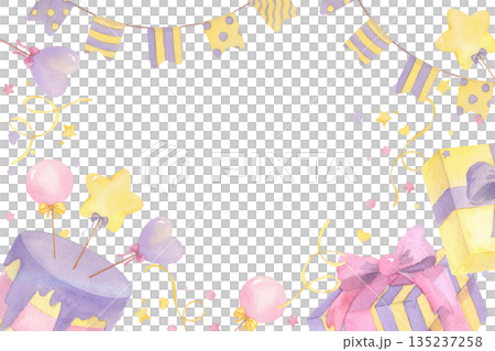 Restangular gorisontal frame of birthday cake, garland of flags, serpentines, gifts, confetti and lollipops. For packing paper, greeting cards, decoration and illustration. 135237258