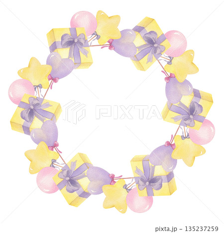 Wreath of yellow gift box and lollipops. Handmade watercolor illustration. For packing paper, greeting cards, decoration and illustration. 135237259