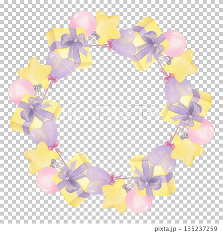 Wreath of yellow gift box and lollipops. Handmade watercolor illustration. For packing paper, greeting cards, decoration and illustration. 135237259