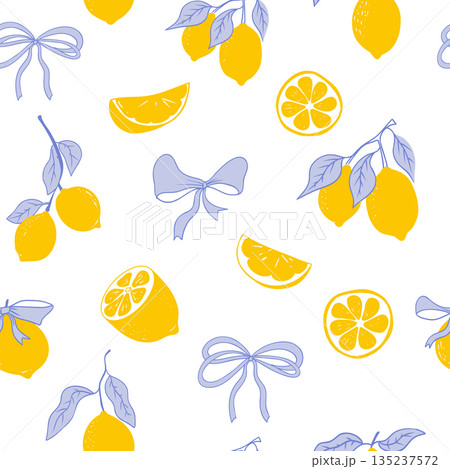 Cute coquette print lemon pattern, bow, stripes. Floral trellis citrus bg, background. Lemon with leaves, lemon slice, part. Cute coquette print lemon pattern, bow, stripes. Floral trellis citrus bg, background. Lemon with leaves, lemon slice, part. 135237572