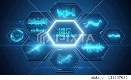 Colorful modular displays with wave icons assist engineers in supervising performance and research data 135237622