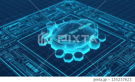 Futuristic circuit platform with gears, Advanced electronic workspace with holographics and nodes 135237623