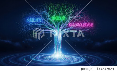 Lighted symbol of personal development, Illuminated tree reflecting skills and nurturing guidance 135237624