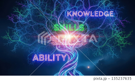 Bright knowledge network, Illuminated neural structure illustrating professional development routes 135237635