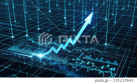 Rising arrow highlights strong market increase, Graphical representation of upward trend in digital trading Rising arrow highlights strong market increase, Graphical representation of upward trend in digital trading 135237643