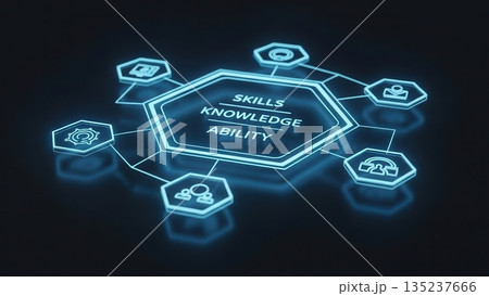Brightly lit hexagonal frameworks showcasing connections and progress in skill and workforce planning 135237666