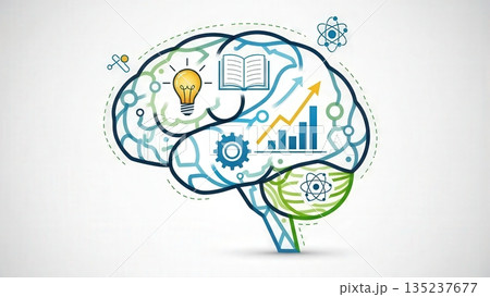 Mind map visuals, Brain diagram with symbols, Illustrated brain showcasing charts and icons 135237677