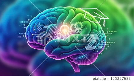 Bright and colorful depiction of brain with illuminated circuits and digital overlays in neon tones 135237682