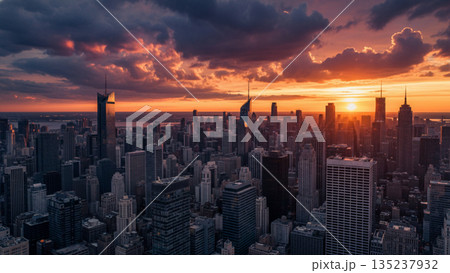 Modern City Skyline at Sunset with Skyscrapers and Dramatic Sky 4k ai 135237932