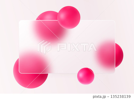 Minimalistic abstract light background with pink spheres and frosted glass banner. 135238139