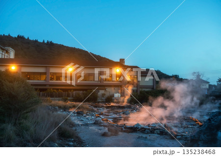 Hotel ryokan by Mount Unzen Hell valley Jigoku at night, Nagasaki 135238468