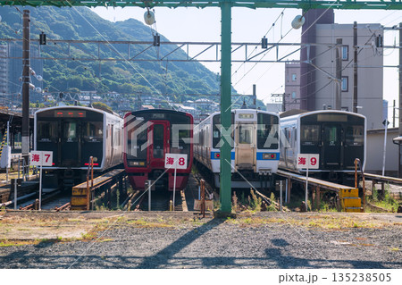 JR train at Mojiko retro station, Kitakyushu, Fukuoka, Japan JR train at Mojiko retro station, Kitakyushu, Fukuoka, Japan 135238505