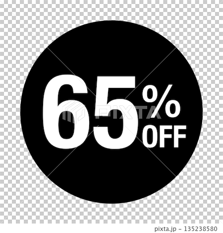 "65% OFF" text mark, circular, transparent background, monochrome 135238580