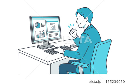 データ分析の成果に手応えを感じるデスクワーク中の男性ビジネスイラスト 135239050