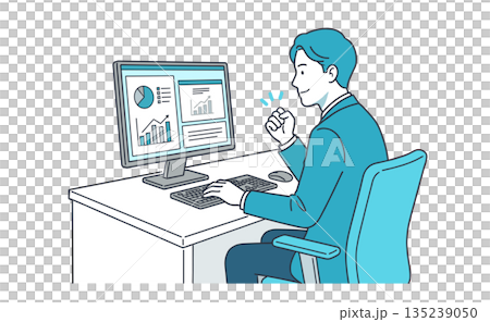 データ分析の成果に手応えを感じるデスクワーク中の男性ビジネスイラスト 135239050