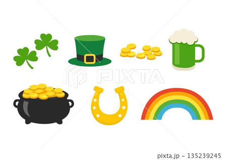 St. Patrick Day Flat Vector Icons Set with Shamrock, Leprechaun Hat, Pot of Gold and Rainbow 135239245