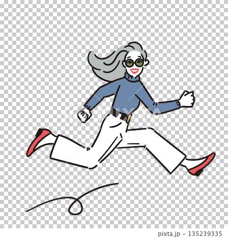 一位活力四射的老年女性輕快奔跑的插圖 135239335