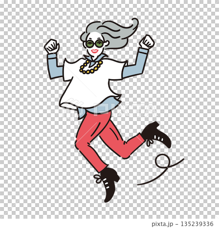 一位時尚活躍的老年女性活力四射地跳躍的插圖 135239336