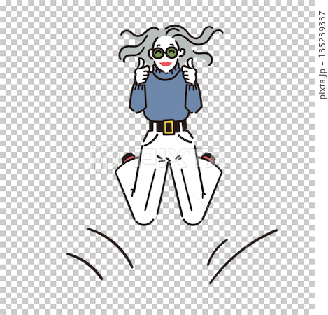 Illustration of a cheerful senior woman jumping with a fist pump Illustration of a cheerful senior woman jumping with a fist pump 135239337