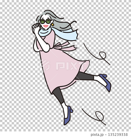 Illustration of a stylish senior woman moving lightly in a dress Illustration of a stylish senior woman moving lightly in a dress 135239338