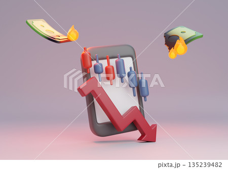 3D Smartphone with Bearish Stock Market Crash Graph and Burning Falling Banknotes 135239482