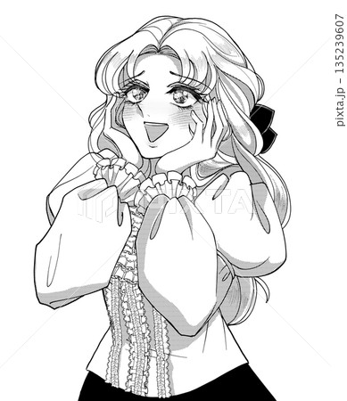 レトロ白黒イラスト・感激する少女漫画風お姉様 135239607