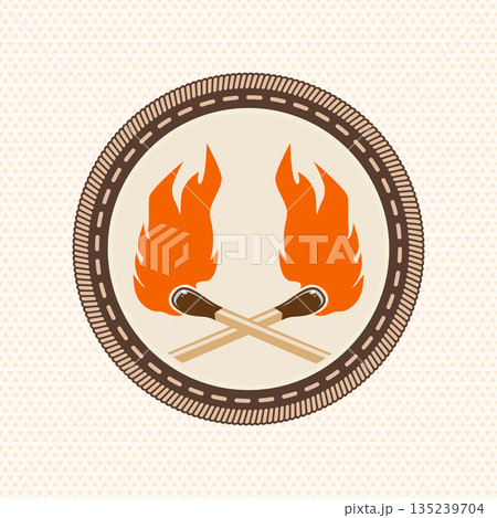 Scout badge with burning matches. Vector. Merit patch, sticker for camping outdoor and academic activities Scout badge with burning matches. Vector. Merit patch, sticker for camping outdoor and academic activities 135239704