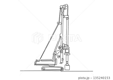 Single one line drawing specialized piling rig used for deep foundation work. Vertical power and complex hydraulic structural components. Modern continuous line draw design graphic vector illustration 135240153