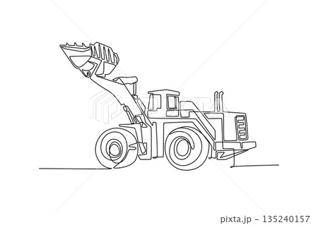 Continuous one line drawing industrial wheel loader, front bucket, large tires used for material handling, earthmoving on heavy construction sites. Single line draw design vector graphic illustration 135240157