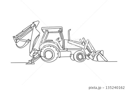 Continuous one line drawing backhoe loader with both its front bucket and rear digger arm visible, versatility and power of this common earthmover. Single line draw design vector graphic illustration Continuous one line drawing backhoe loader with both its front bucket and rear digger arm visible, versatility and power of this common earthmover. Single line draw design vector graphic illustration 135240162