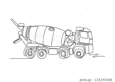 Single continuous line drawing heavy-duty concrete mixer truck in motion, rotating drum and the powerful chassis of vital construction vehicle. Dynamic one line draw graphic design vector illustration 135240166