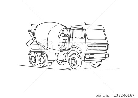 Single continuous line drawing concrete mixer truck, featuring its rotating drum and heavy-duty chassis, industrial perfect for construction branding. One line draw graphic design vector illustration 135240167