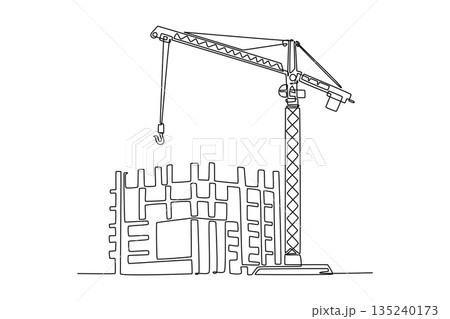 Single continuous line drawing tower crane working on skyscraper frame, intricate grid of building and reach of the crane during construction. Dynamic one line draw graphic design vector illustration 135240173