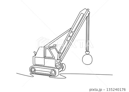 Single one line drawing detailed demolition crane with wrecking ball in perspective, machine mechanical structure, industrial design use. Modern continuous line draw design graphic vector illustration 135240176