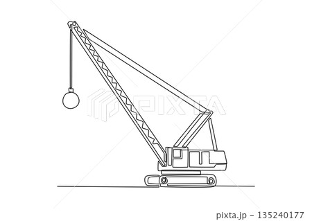 Single one line drawing demolition crane with wrecking ball seen from the side, emphasizing its industrial silhouette and function in a simple. Continuous line draw design graphic vector illustration 135240177